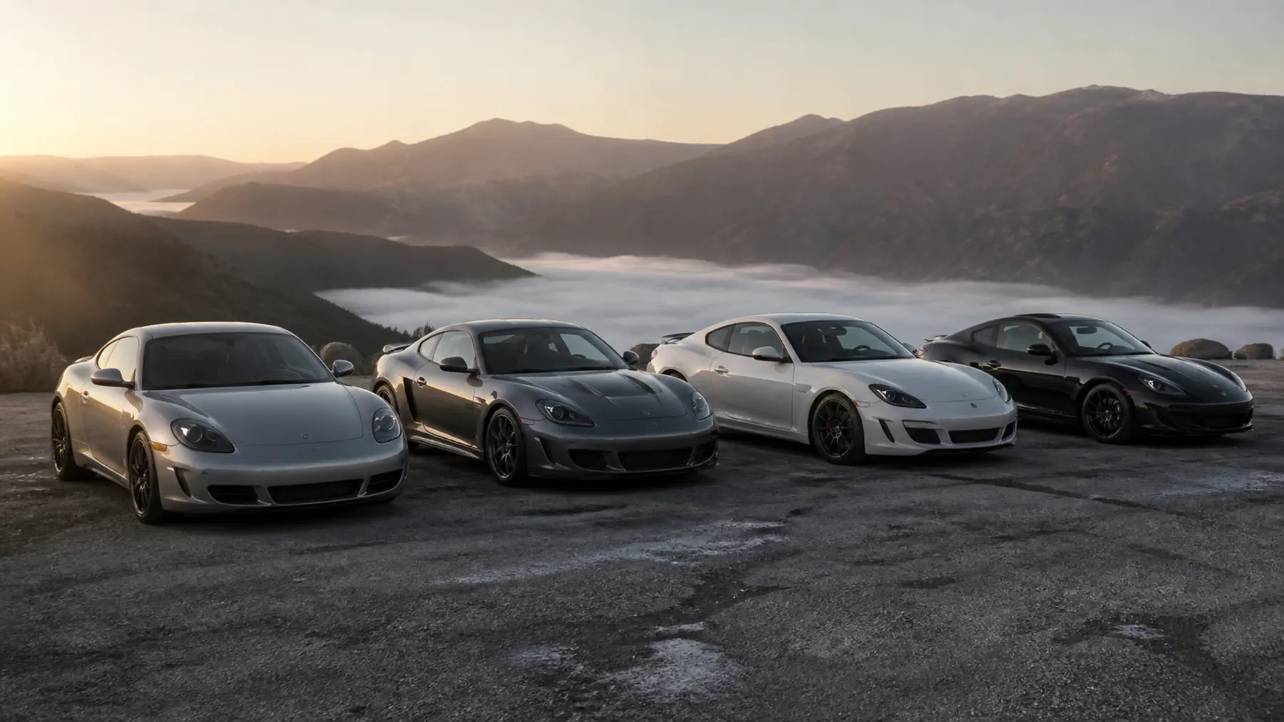 Vier Autos stehen frühmorgens nebeneinander an einem Aussichtspunkt über einem Nebelmeer